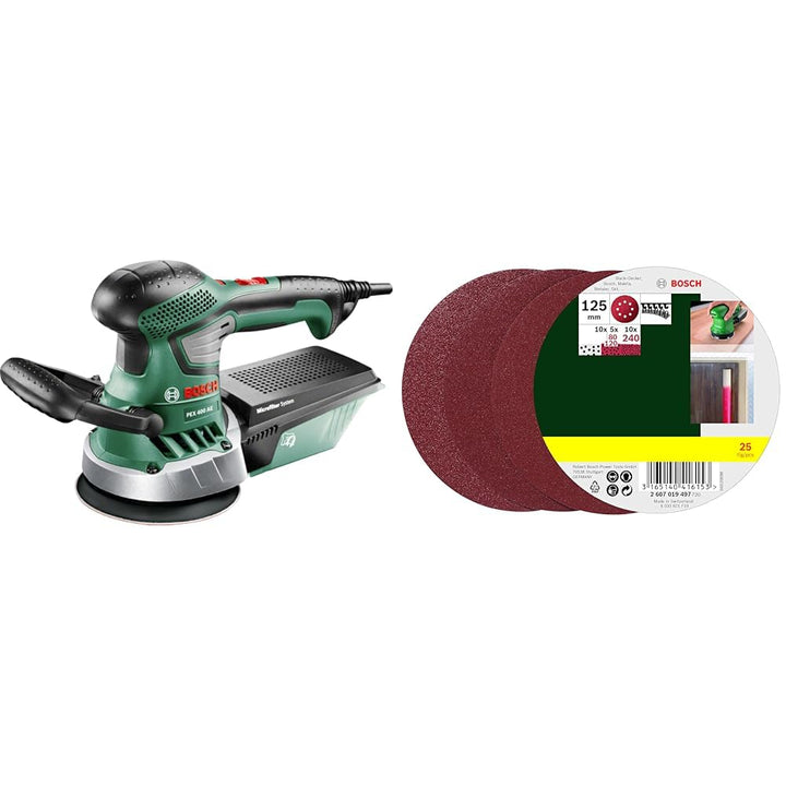 Bosch Exzenterschleifer PEX 400 AE (350 Watt, im Koffer) + Bosch Schleifblatt-Set 25tlg. (Hart- und