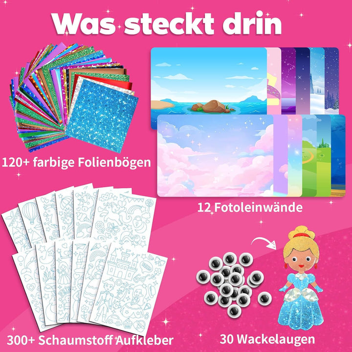 Sunrad Kunst & Bastelaktivität,Eeinhorn und Prinzessinnen Folienspass Bastelkoffer,Schmutzfreie Kuns