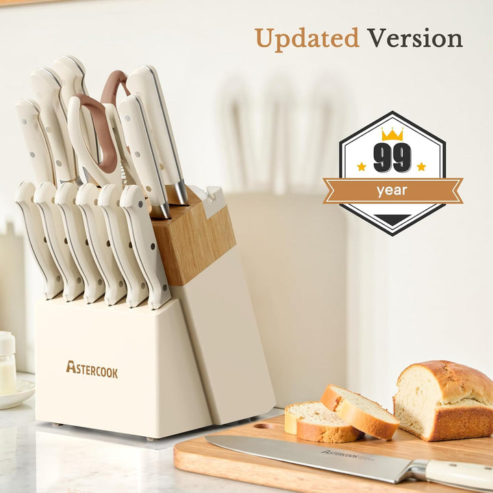 Astercook Messer-Set, Küchenmesser-Set mit Block, 14-teilig, Vollzapfen, Edelstahlmesser mit Schärfe