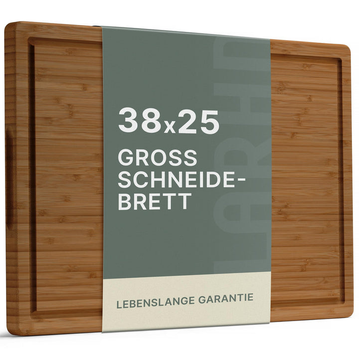 LARHN Bambus Schneidebrett Holz mit Griff &amp; Saftrille - 38,5x25x2 cm | Massiv, vertikal verleimt, we