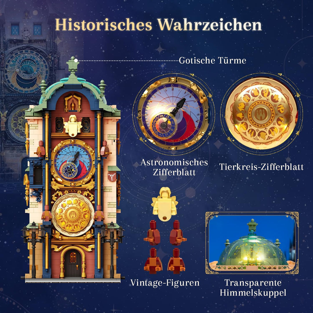 PANTASY Prager Astronomische Uhr Klemmbaustein Set, Gotischer Uhrturm Architekturmodell mit Beweglic