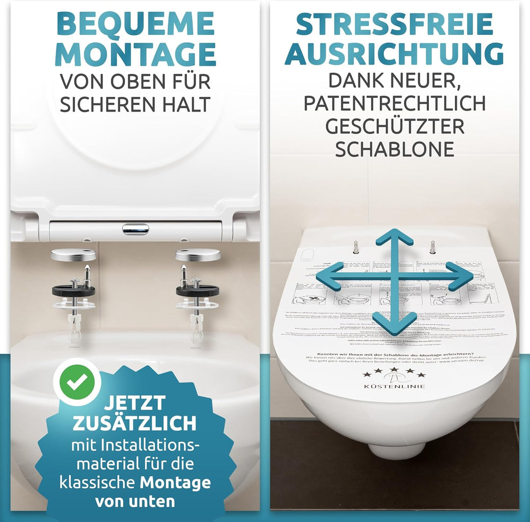 Küstenlinie® / Toilettendeckel mit Absenkautomatik D-Form | Komplettset | optimale Montage | WC Sitz