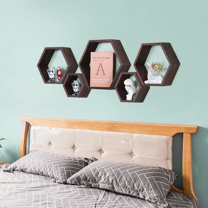 PHOENANCEE Hexagon Wandregal, Wohnzimmer Deko Wand, Holz Hängeregal für Schlafzimmer, 5er-Set(Dunkle