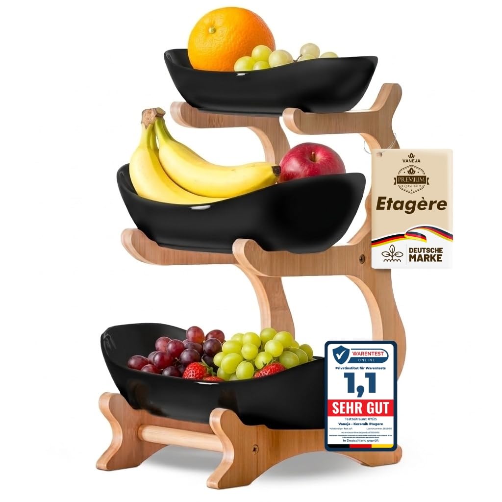 Obst Etagere 3 stöckig SCHWARZ Keramik mit Bambusständer, Servierständer für Obst Snacks Gebäck, ele