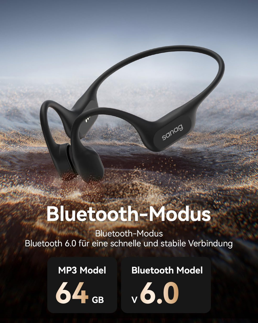 SANAG Knochenschall Schwimmen Kopfhörer, IP68 Wasserdicht, 64GB MP3 Player, Bluetooth 6.0 Sport Kopf