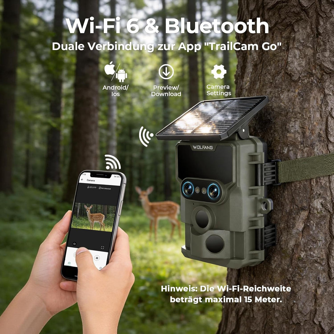 WOLFANG Wildkamera, 64 MP WLAN mit Handyübertragung-App, 4K Doppellinse Video Wildtierkamera mit Bew