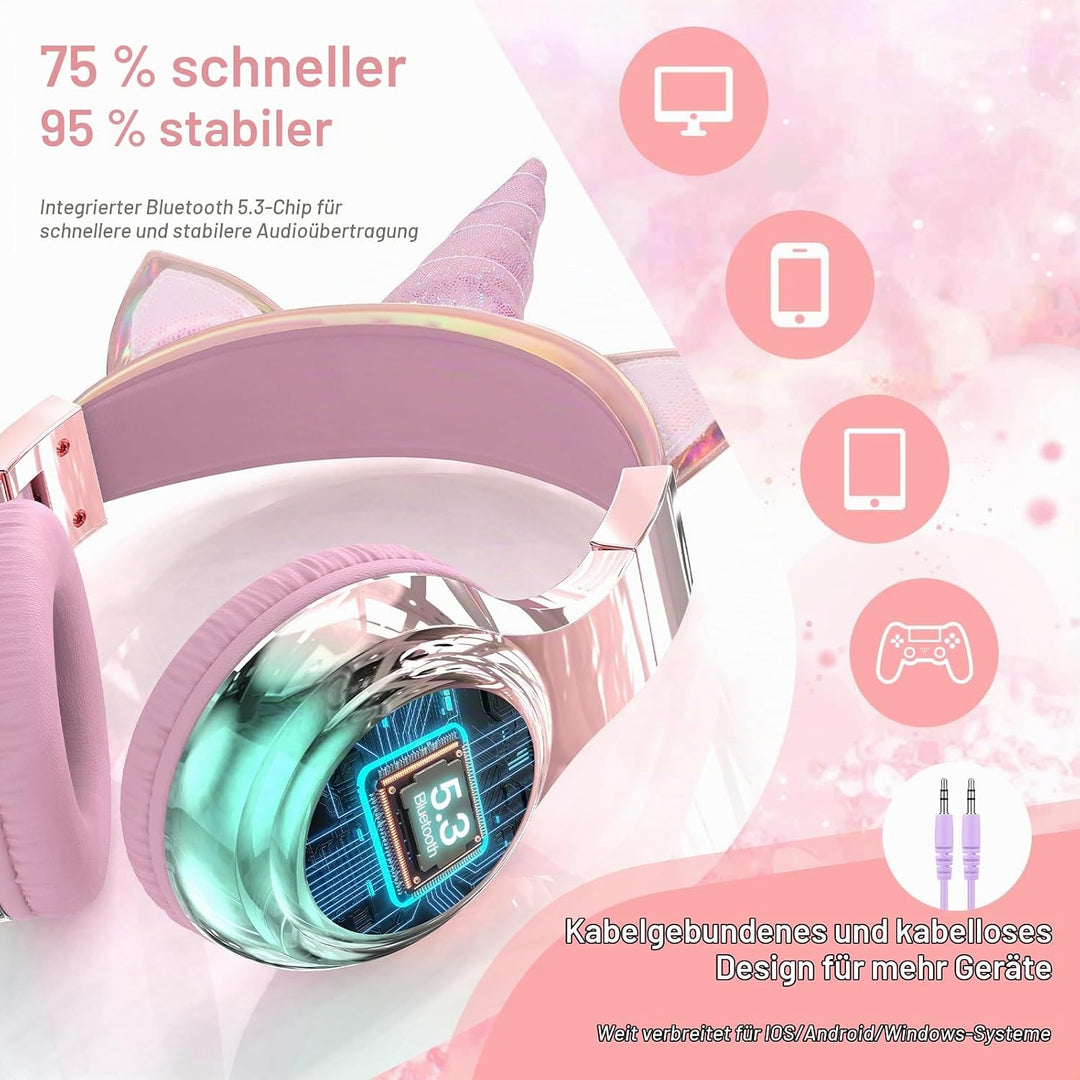 JYPS Bluetooth Kopfhörer Kinder, Metallisch Kabellose Kopfhörer Kinder rosa Einhorn, rosa Einhorn