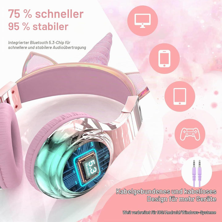 JYPS Bluetooth Kopfhörer Kinder, Metallisch Kabellose Kopfhörer Kinder rosa Einhorn, rosa Einhorn