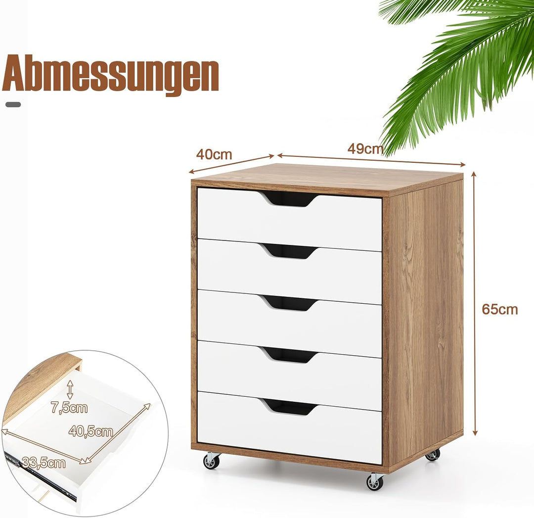 GOPLUS Schubladenschrank mit Rollen, Rollcontainer mit 5 Schubladen, Griffmulden, mobiler Aktenschra