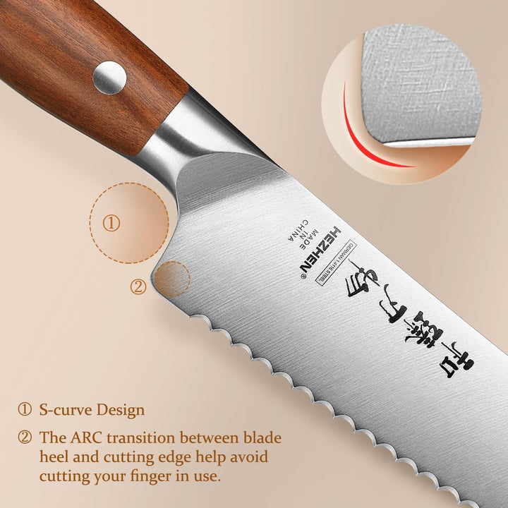 HEZHEN 21,5 cm Gezahntes Brotmesser, Rostfreier Stahl Wellenschlif Kuchenmesser, Gezackte Klinge Säg
