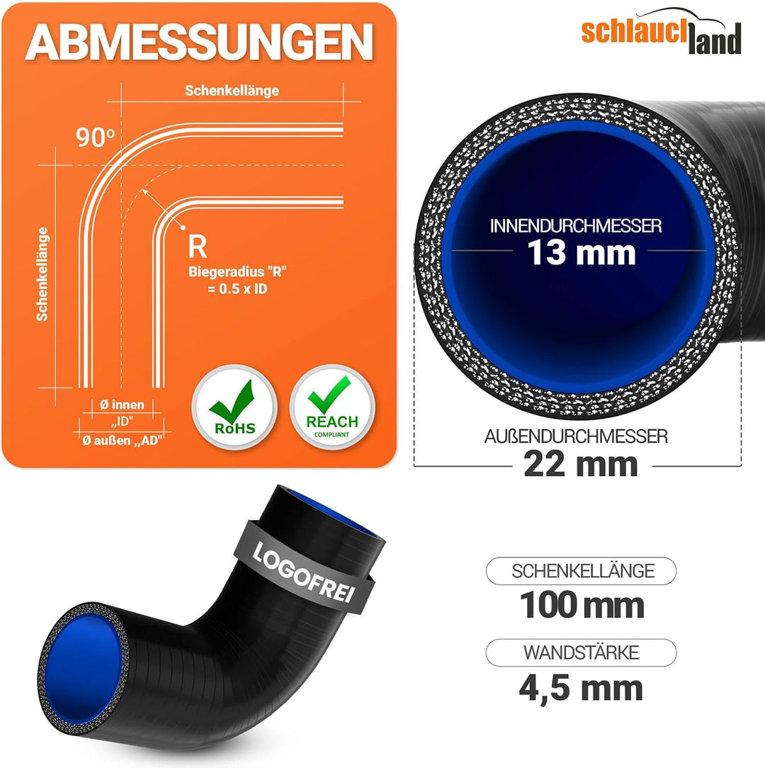 4 Stück | Silikonbogen 90° Grad ID-Ø 13mm gelb 200°C | VIELE GRÖSSEN &amp; FARBEN | Silikon-Schlauch Lad
