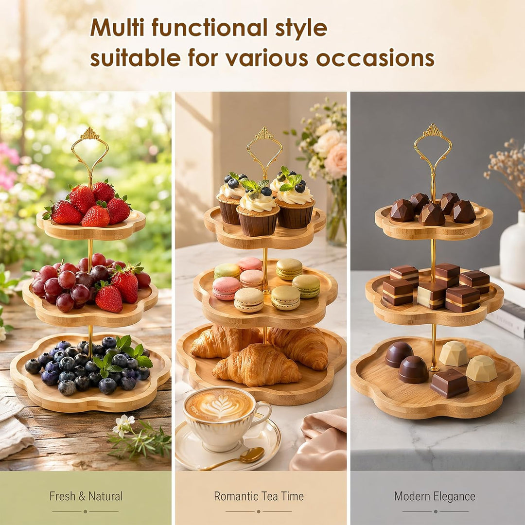 Eleganter Holz-Cupcake-Ständer mit 3 Ebenen und Blumenform-Design, Bambus-Etagere für Cupcakes, Dess