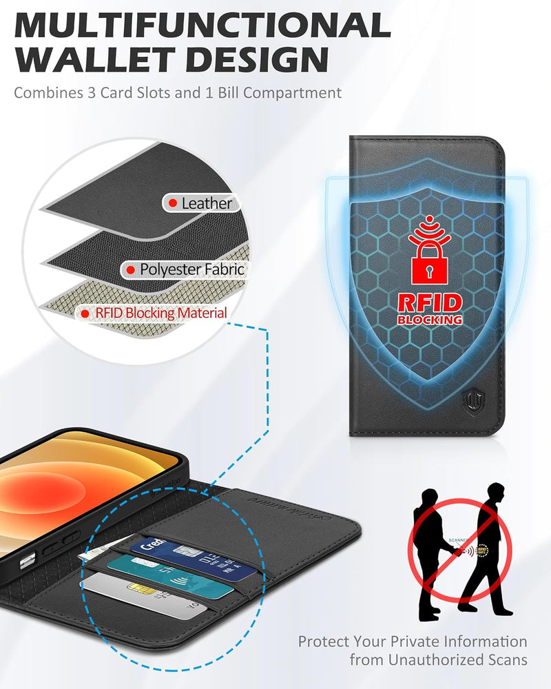 SHIELDON iPhone 12 Hülle, iPhone 12 Pro Handyhülle [Echtleder] [RFID-Sperre] [Kartenfach] [Magnet] [