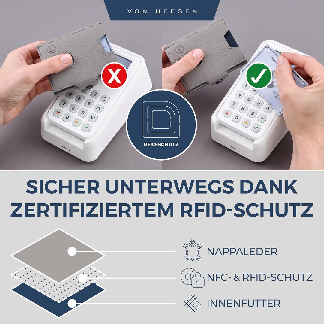 VON HEESEN Slim Wallet mit XL Münzfach &amp; RFID Schutz - Leder Geldbörse Herren klein - Mini Geldbeute