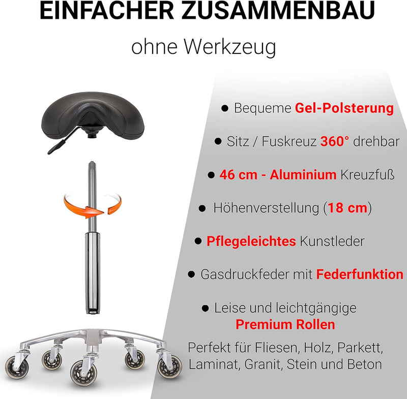 Staboos Rollhocker bis 160 kg - Sattelsitz mit Gel Polster - Praxishocker (Premium Rollen) Drehhocke