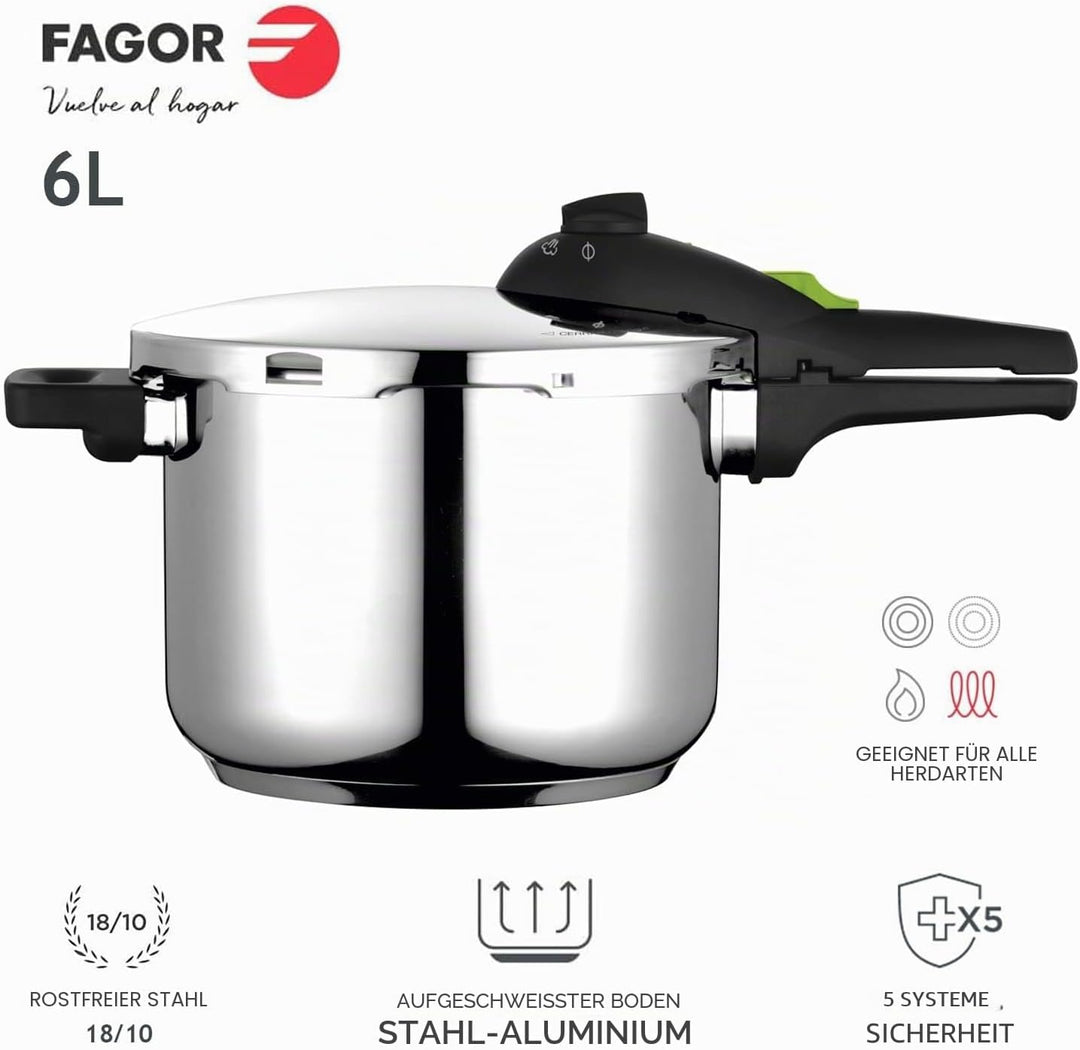 Fagor Rapid Xpress Schnellkochtopf 6 Litern, Induktion, Dampfkochtopf Express-Superschnell, Edelstah