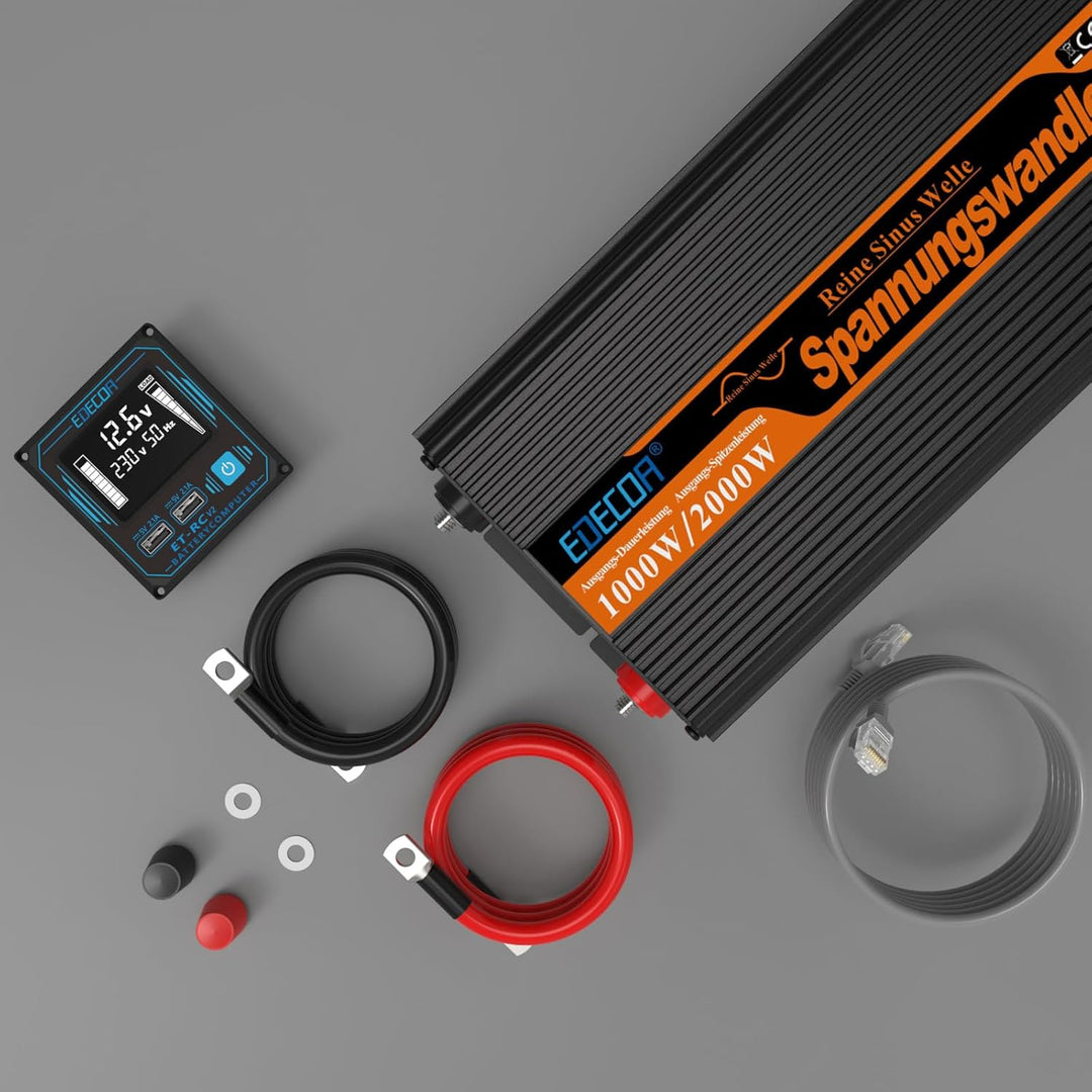 EDECOA Wechselrichter 12v 230v Reiner Sinus Spannungswandler 1000w mit Neuer Fernbedienung 2X USB un
