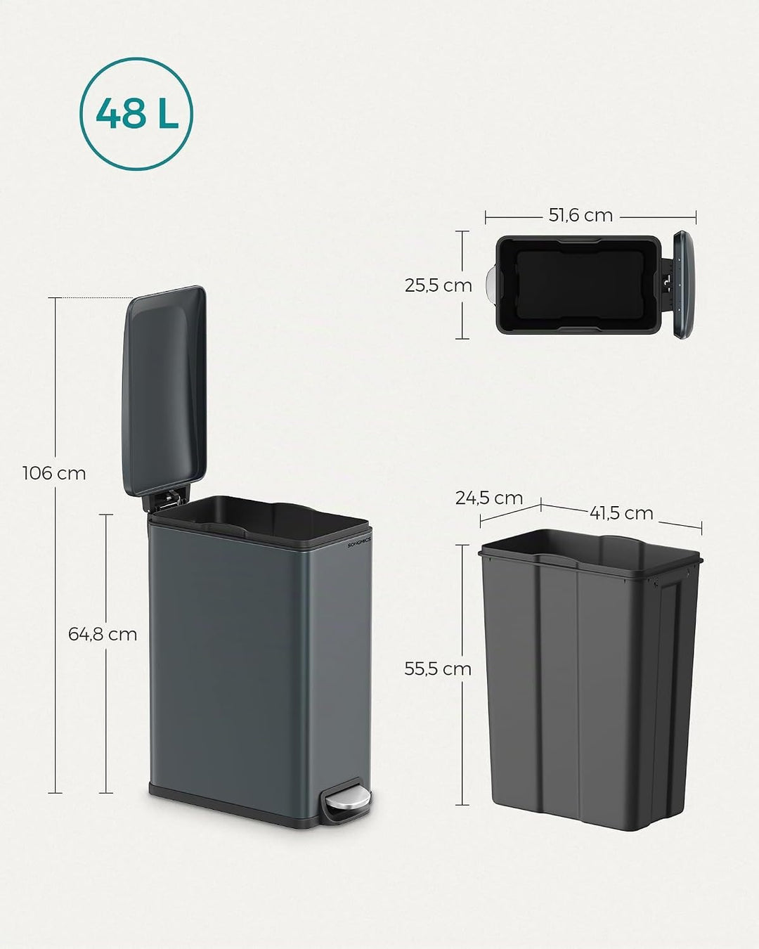 SONGMICS Mülleimer Küche, Inneneimer aus Kunststoff, mit Deckel, Softclose, LTB202B01, Anthrazitgrau