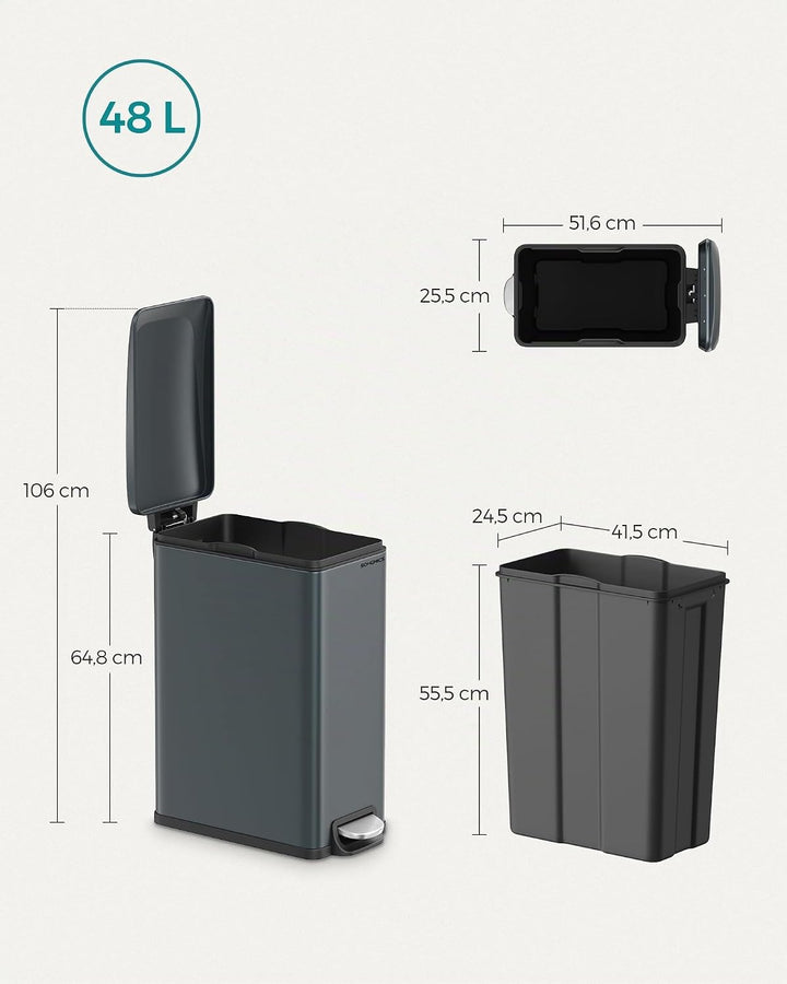 SONGMICS Mülleimer Küche, Inneneimer aus Kunststoff, mit Deckel, Softclose, LTB202B01, Anthrazitgrau