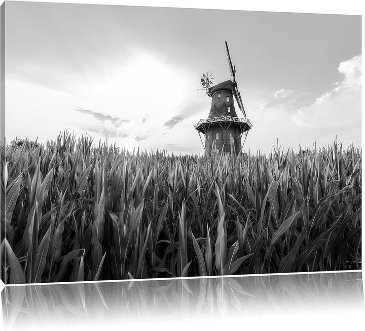 Pixxprint Windmühle auf dem Feld / 100x70cm Leinwandbild bespannt auf Holzrahmen/Wandbild Kunstdruck
