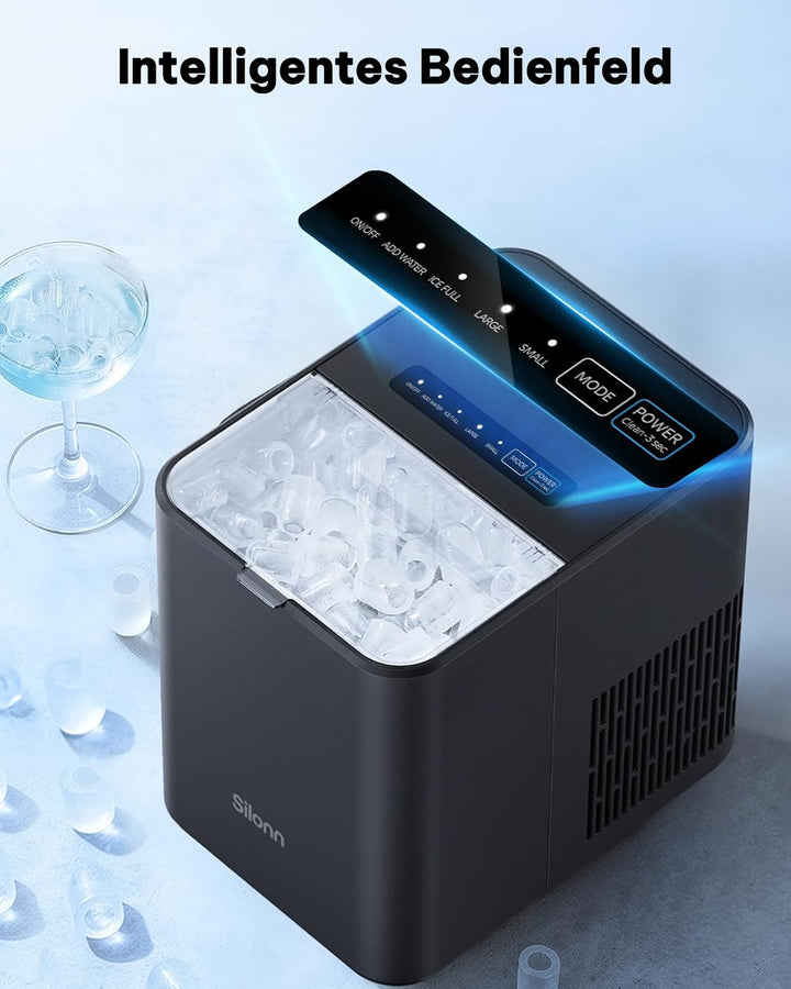 Silonn Eiswürfelmaschine Klein, 8 Eiswürfel in 6 Min, 12 kg/24H, 2 Bullet-Eisgrössen, Tragbare Selbs