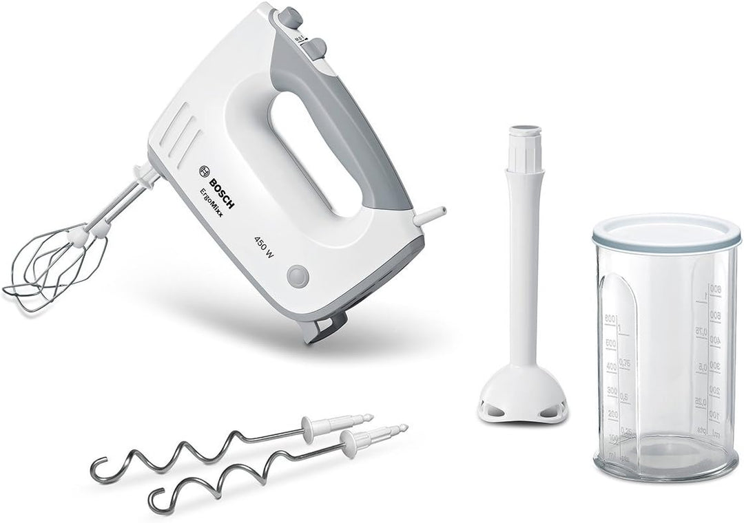 Bosch Hausgeräte Handrührer ErgoMixx MFQ36440, 2 Rührbesen, 2 Edelstahl-Knethaken, Pürierstab, Beche
