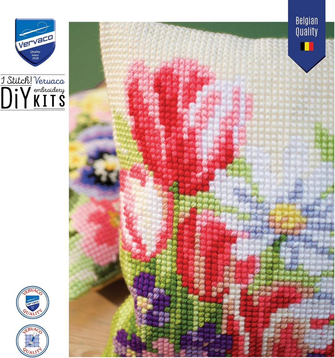 Vervaco Kreuzstichkissen Frühlingsblumen, Stickbild vorgezeichnet Kreuzstichpackung Kissen, vorbezei