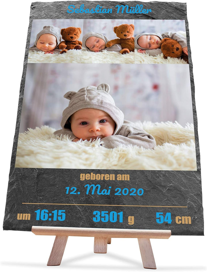 wandmotiv24 Schieferplatte mit eigenen Fotos zur Geburt, 20 x 30 cm, inklusive Staffelei, 4 Fotos +