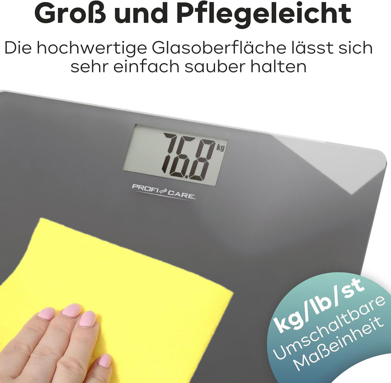 ProfiCare® elektrische Personenwaage mit Glasoberfläche | Waage Personen mit Messbereich 5–180 kg &