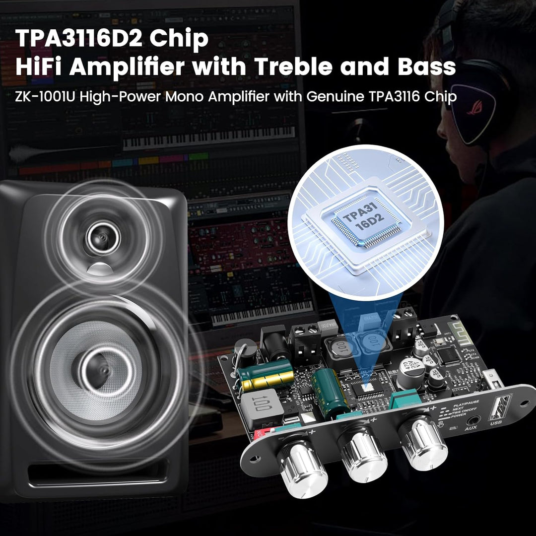 ZK-1001U Bluetooth 5.3 Mono-Verstärker HiFi-Stereo mit TWS & Boost-Schaltung, 100 W Ausgangsleistung