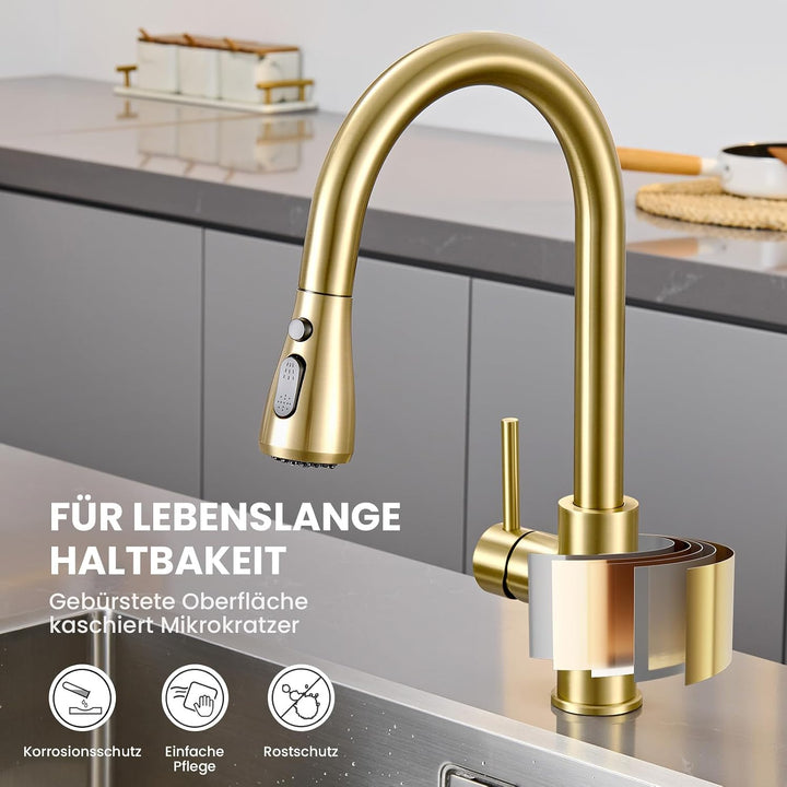 Wasserhahn küche mit Ausziehbar Hochdruck fur Spüle - Küchenarmatur Gold mit Brause - Edelstahl Arma