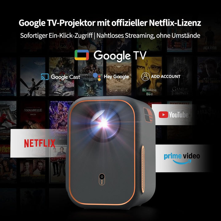 WEMAX Mini Beamer mit Netflix Zertifizierung & Google TV, Tragbarer Projektor 4K, 1080P Native Smart
