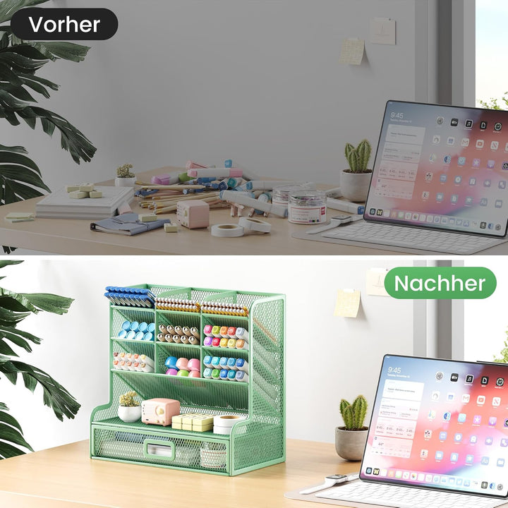 VITVITI Schreibtisch Organizer, 9 Fächer Stiftehalter mit Schublade, Netz Stifte Regal aus Metall, S