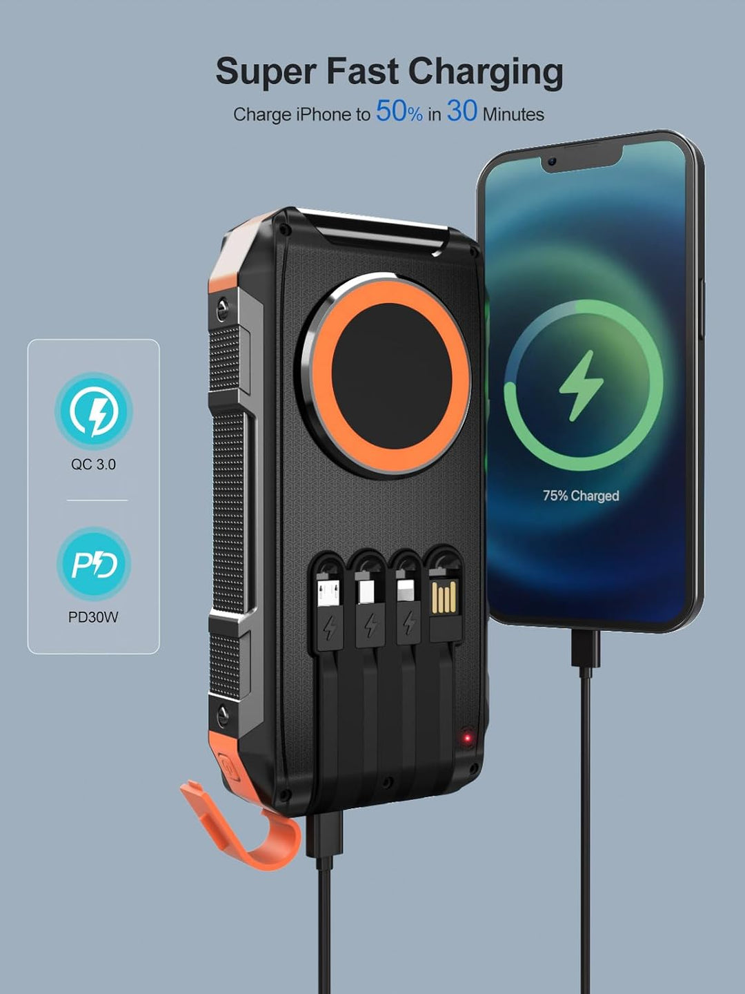 Wireless Solar Powerbank 26800mAh mit 4 Kabeln,30W Magnetische Power Bank Schnell Aufladende USB C t