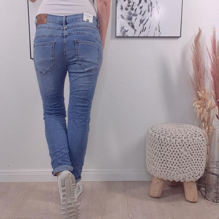 Karostar Damen Boyfriend Stretch Jeans mit offener Knopfleiste M Denim Special Pocket, M Denim Speci