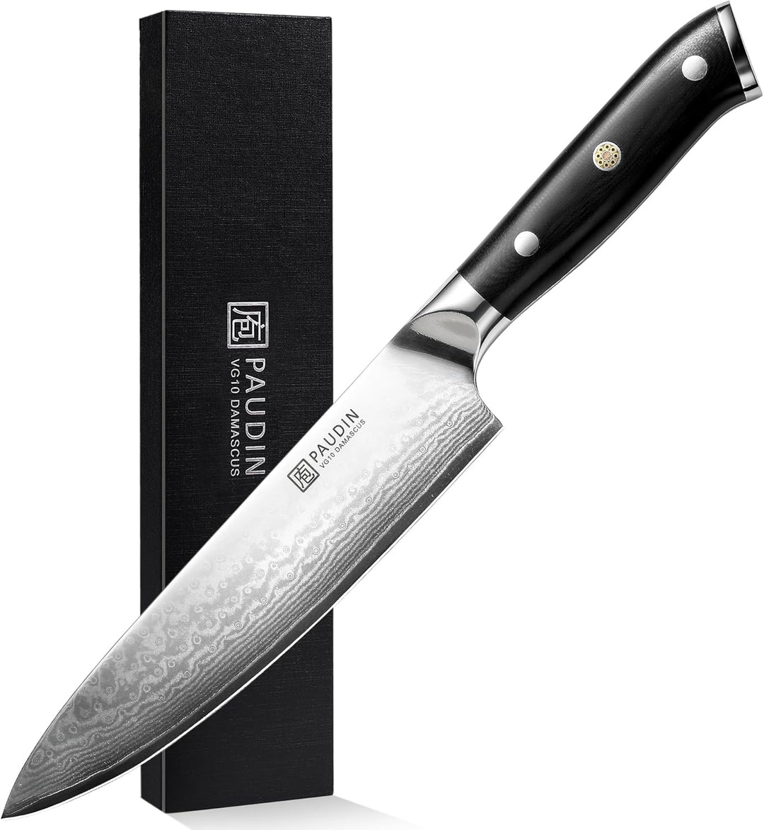 PAUDIN Damastmesser Kochmesser Küchenmesser 20 cm Damaststahl Messer mit Ergonomischem G10-Griff Dam
