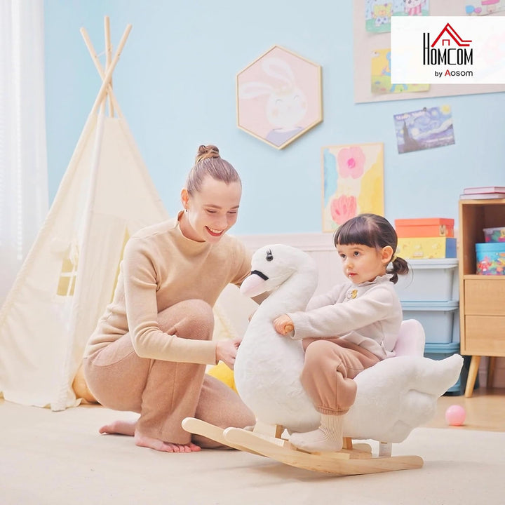 HOMCOM Schaukeltier Schaukelpferd mit Sicherheitsgurt Musik, 55 cm Baby Schaukel aus weichem Plüsch