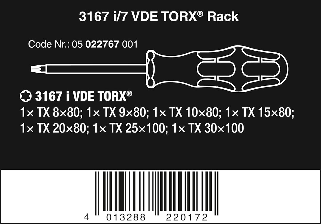 3167 i/7 VDE-isolierter TORX® Schraubendrehersatz, Edelstahl + Rack, 7-teilig