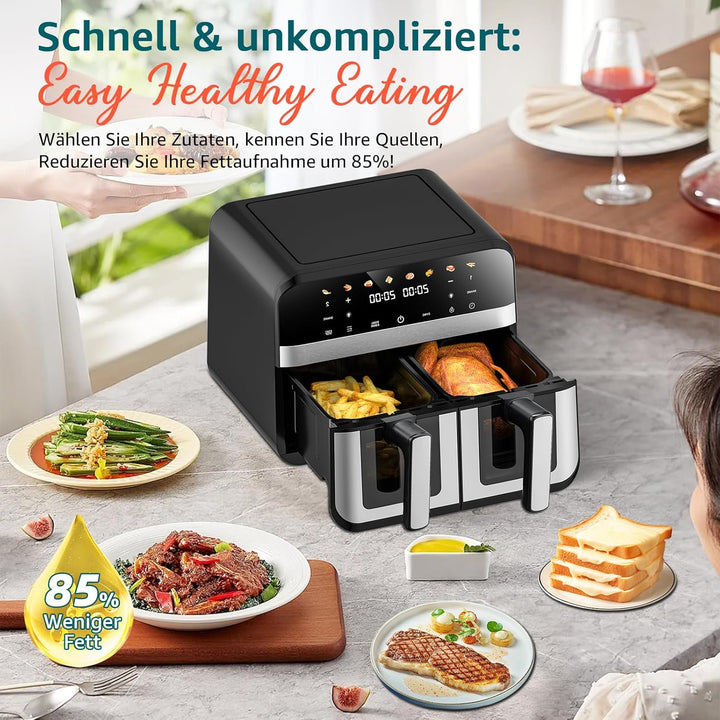 Heissluftfritteuse mit Sichtfenster | 9 Liter | Heissluftfritteuse mit 2 Körben | 8-in-1 Digitale Ai