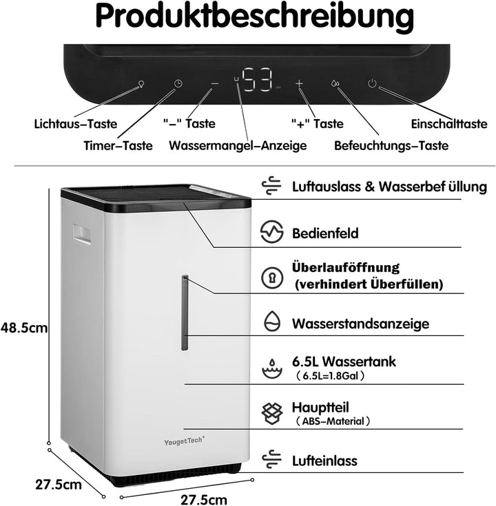 6,5 L Top Fill Luftbefeuchter, Verdunstungsme Luftbefeuchter, 1500 ml/h, automatische Abschaltung, W