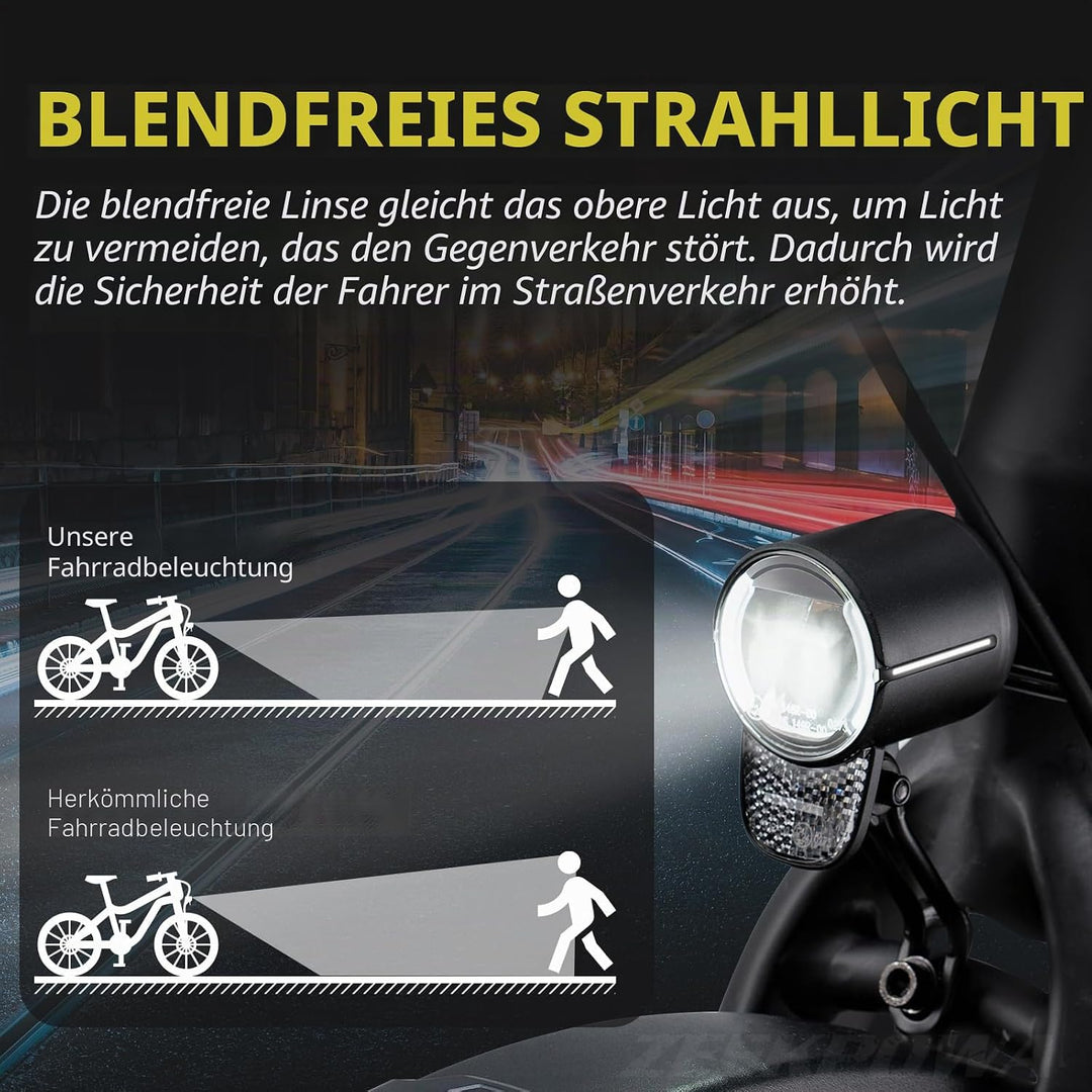 E-Bike Dynamo LED Fahrradlicht 30-100 LUX mit StVZO Zulassung - Fahrradlampe Frontlicht & Scheinwerf