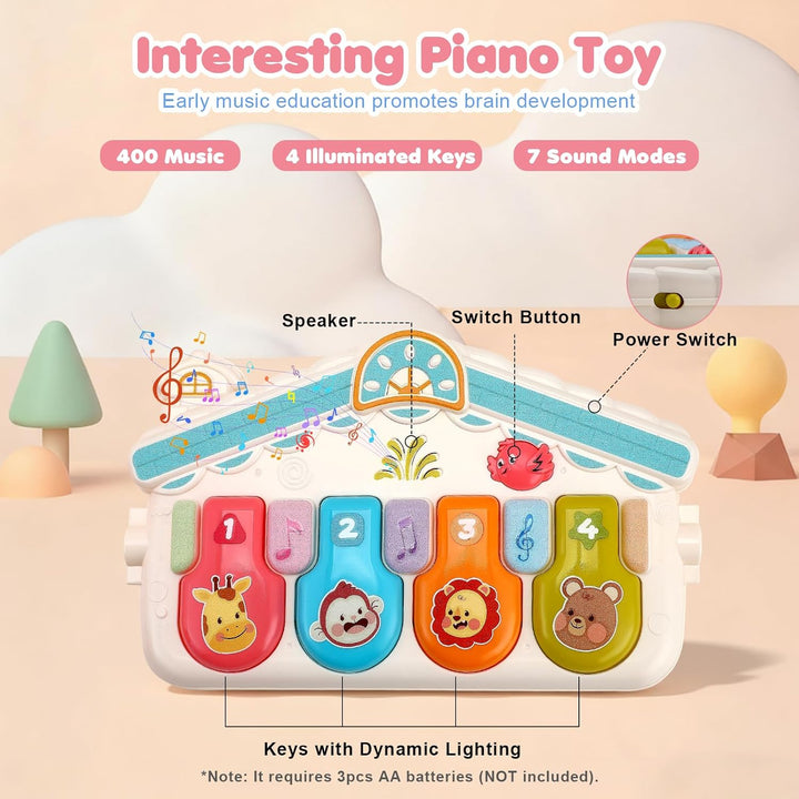 Spieldecke Baby Gym, 6 in 1 Spielbogen 0-12 Monate mit Musik Klaviermatte, 4 Hänge-Spielzeug, Licht