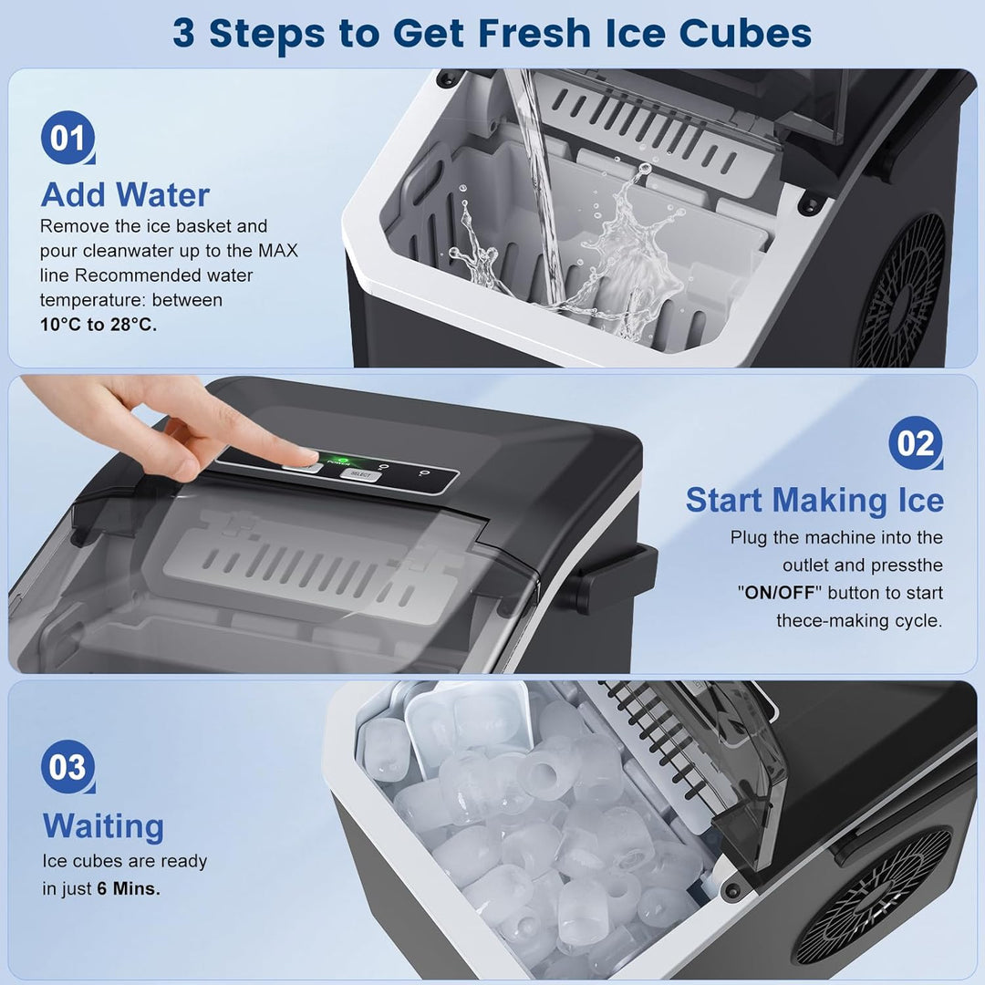 Eiswürfelmaschine, Ice Cube Maker 9 Eiswürfel in 6-8 Minuten,2 Grössen von Bullet Ice,12KG/24H,Selbs