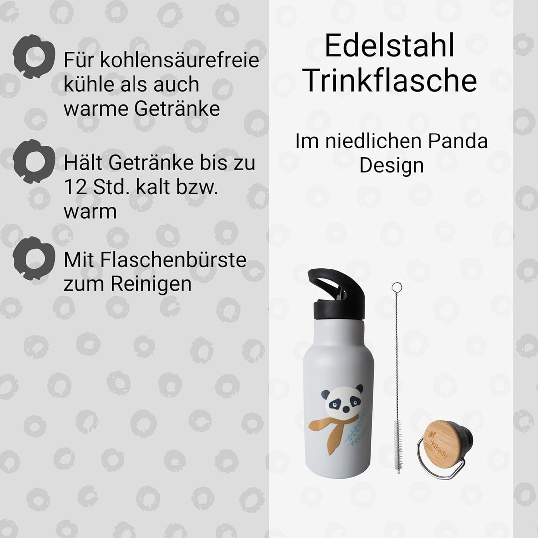 kikadu Trinkflasche Panda Silber Grau - Kindergeschirr, BPA-frei, mit niedlichen Aufdrucken, Fassung