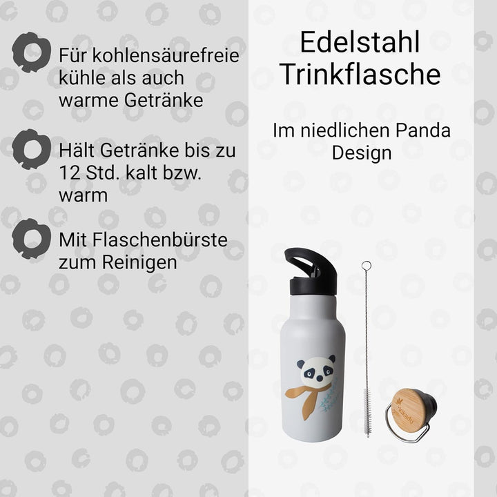 kikadu Trinkflasche Panda Silber Grau - Kindergeschirr, BPA-frei, mit niedlichen Aufdrucken, Fassung