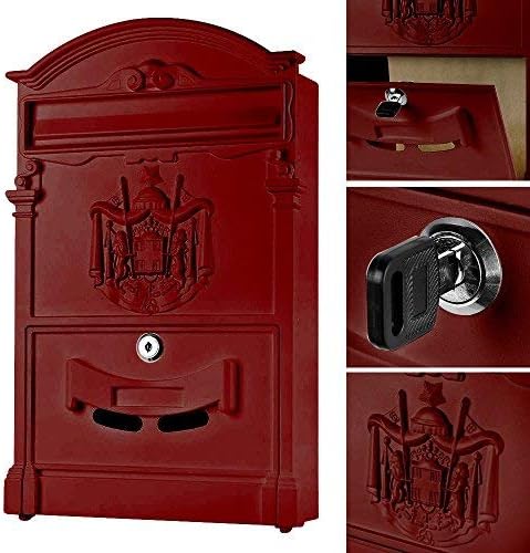Melko Retro Briefkasten mit A4 Einwurf-Format, Aluguss und Stahl, ca. 25,5 x 8,6 x 41 cm, Rot, Rot
