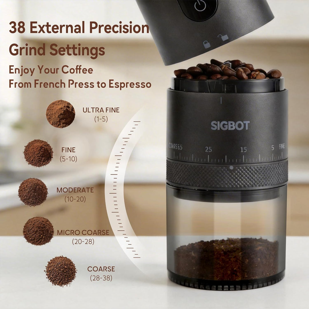 SIGBOT Elektrische Kaffeemühle mit Kegelmahlwerk – 38 Externe Mahlstufen, Konische Keramikmahlwerke