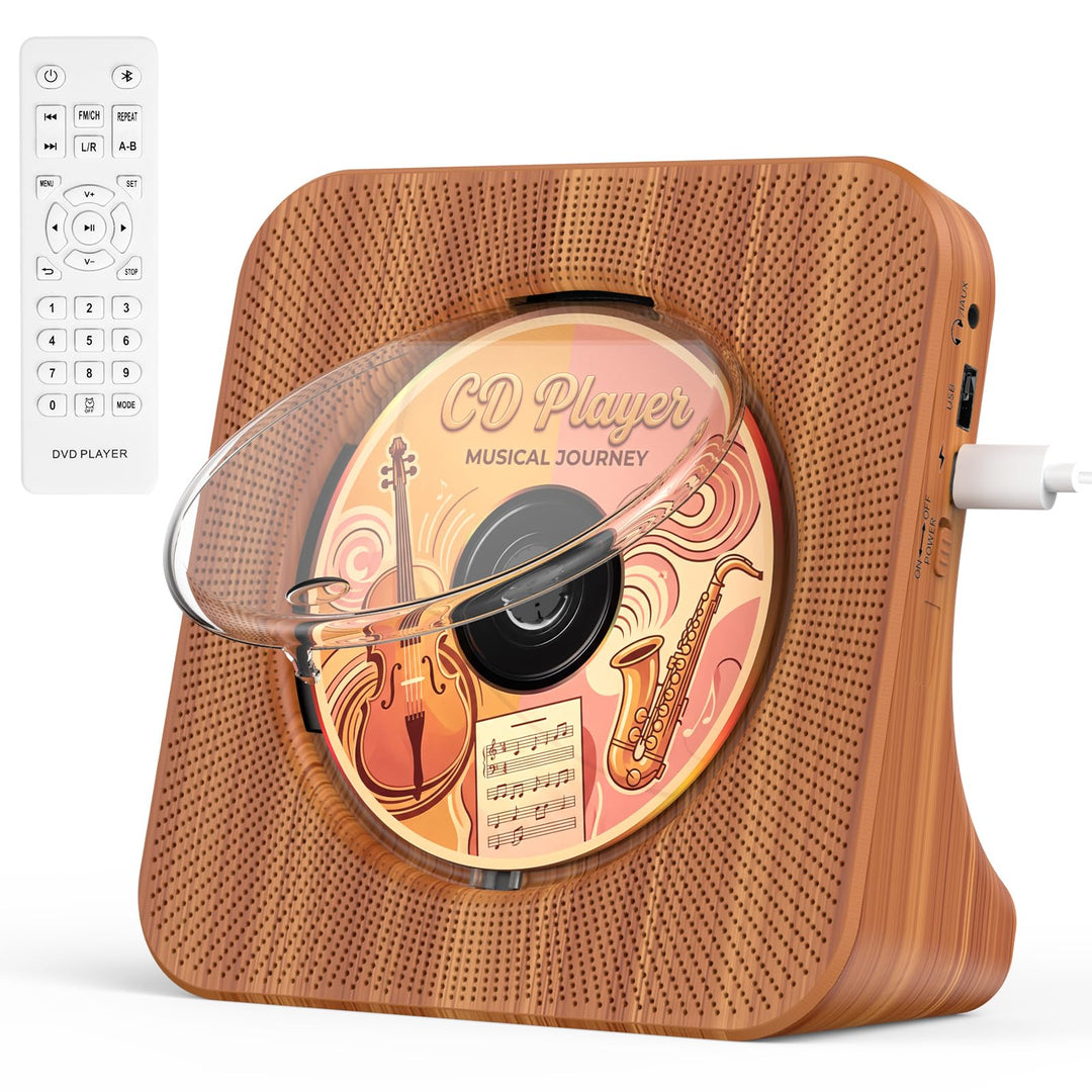 CD Player mit Lautsprecher, Bluetooth 5.0, Radio Holzoptik, Holzoptik