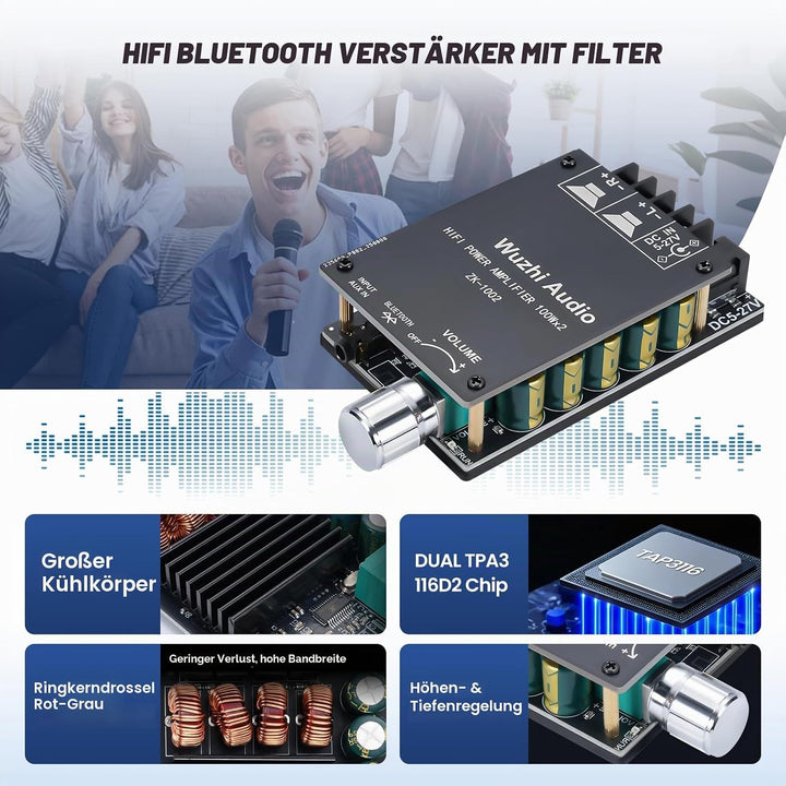2x100W HiFi-Verstärker, Bluetooth 5.0 Audioverstärker Amp mit LC-Filter & TPA3116 Chip, Stereo Mini