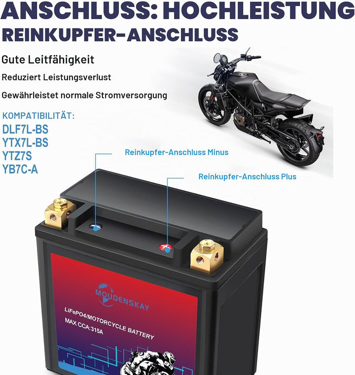 Lithium Motorrad Batterie 12V Lithium Powersports Batterie mit BMS,YTX7L-BS 12.8V 3AH 315 CCA LiFePO